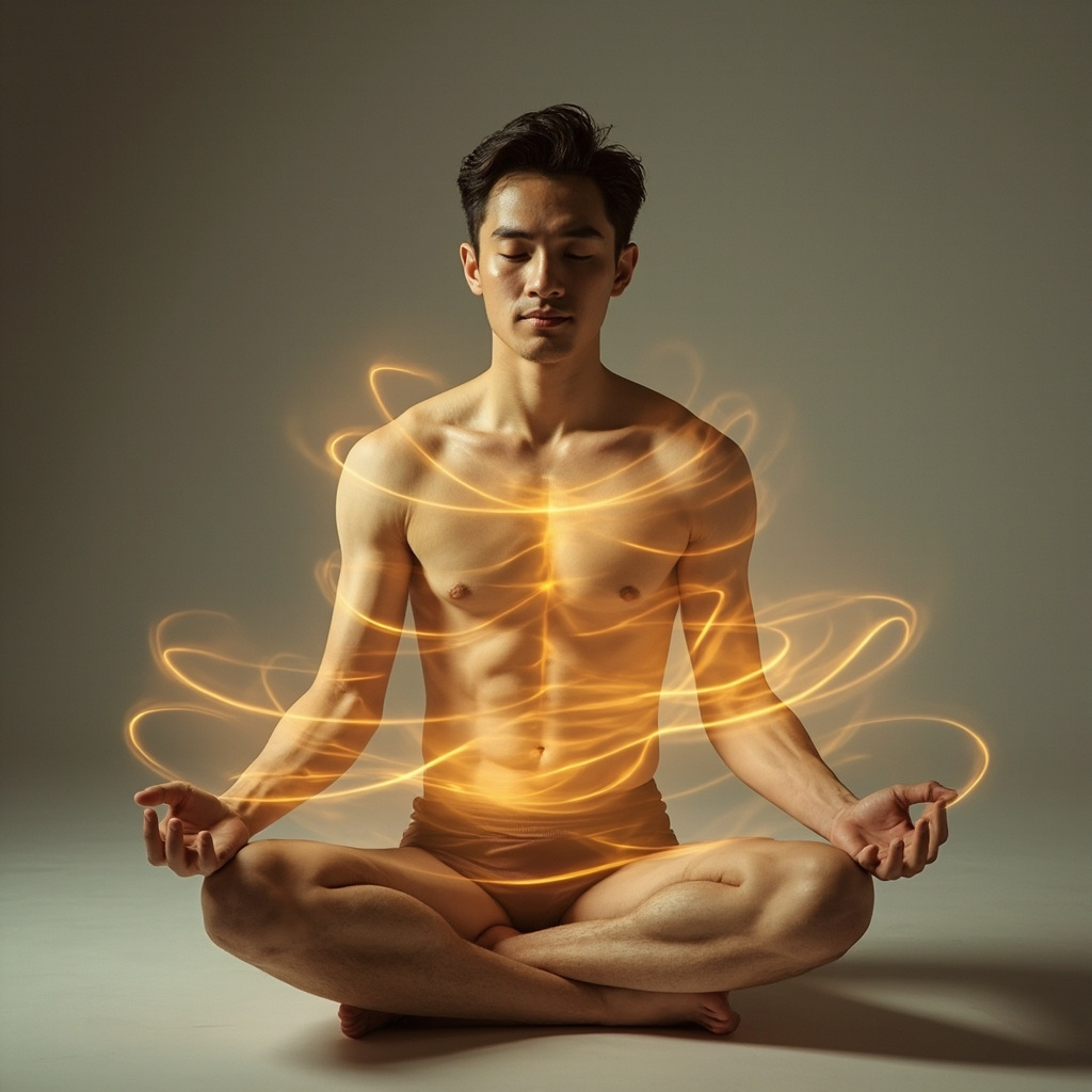 A professional, clean image of a person in a calm, meditative state, with subtle, glowing lines representing energy flow around the chest and muscular areas, representing balance and vitality.