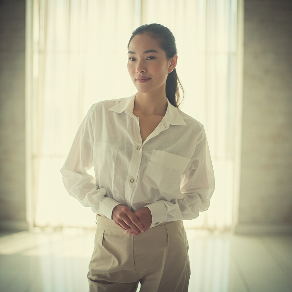 A calm, professional image of a person standing in a bright, peaceful room, their shoulders lowered and relaxed, representing ease and physical comfort.