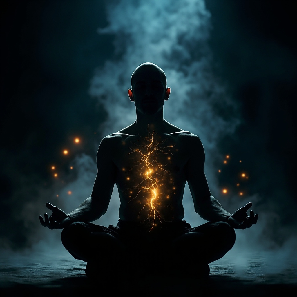 A high-quality, professional image showing a silhouette of a man in a state of calm, centered meditation, with subtle, ethereal light patterns representing internal energy flow.