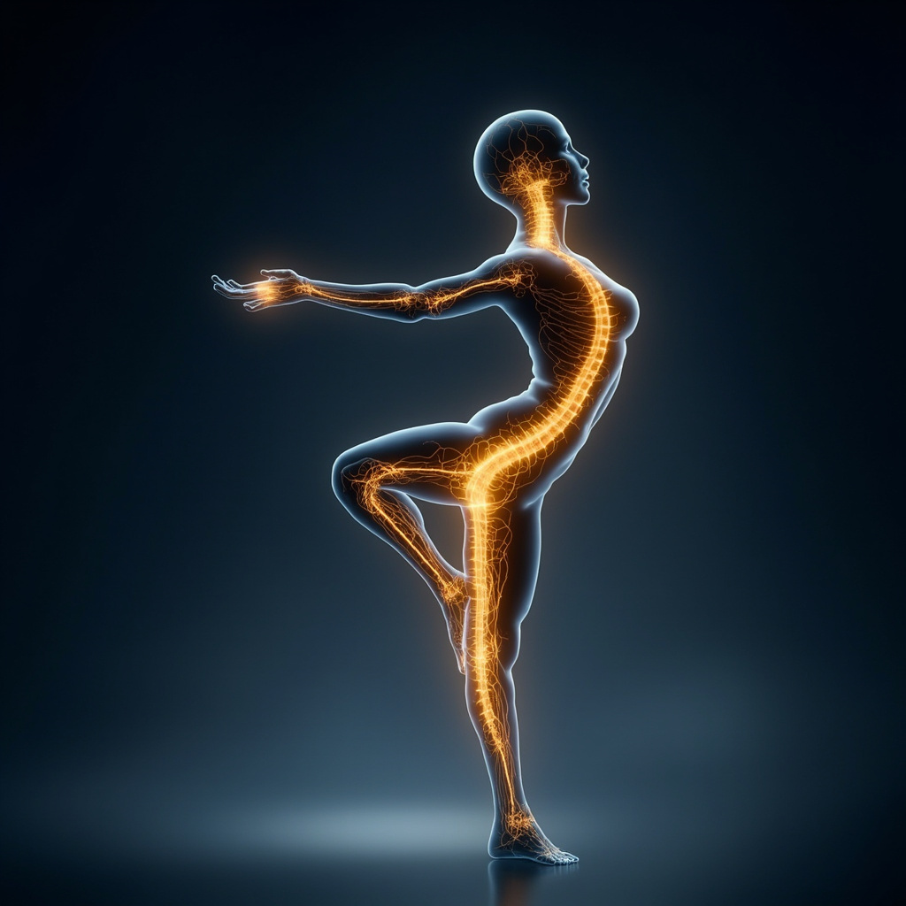 A serene, high-resolution image of a human silhouette with glowing, harmonious energy pathways radiating from the spine and joints, soft blue and gold lighting, professional medical aesthetic.