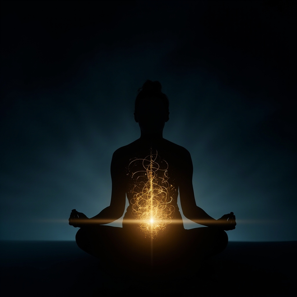 A professional, calming image showing a silhouette of a person in a peaceful, meditative state with subtle, glowing golden light patterns around the adrenal area to symbolize energy balance.