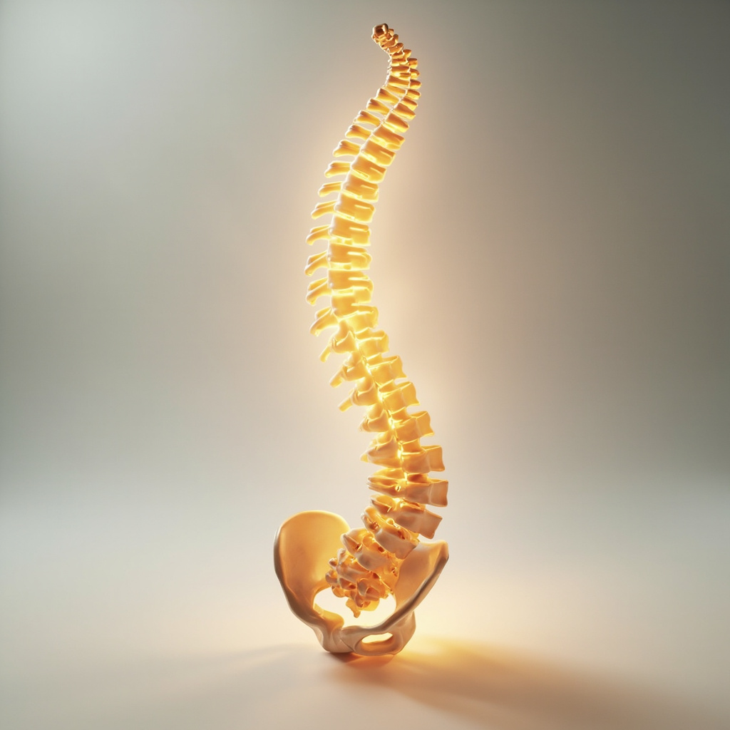 A high-quality, calm, and professional image of a human spine glowing with soft, golden light to represent energy flow and structural integrity, set against a clean, minimalist background.