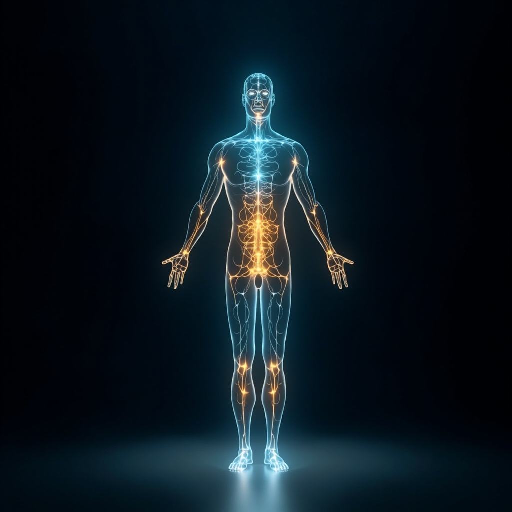 A professional, minimalist image of a digital human silhouette with glowing, harmonious energy pathways, symbolizing balance and vitality, soft blue and gold tones.
