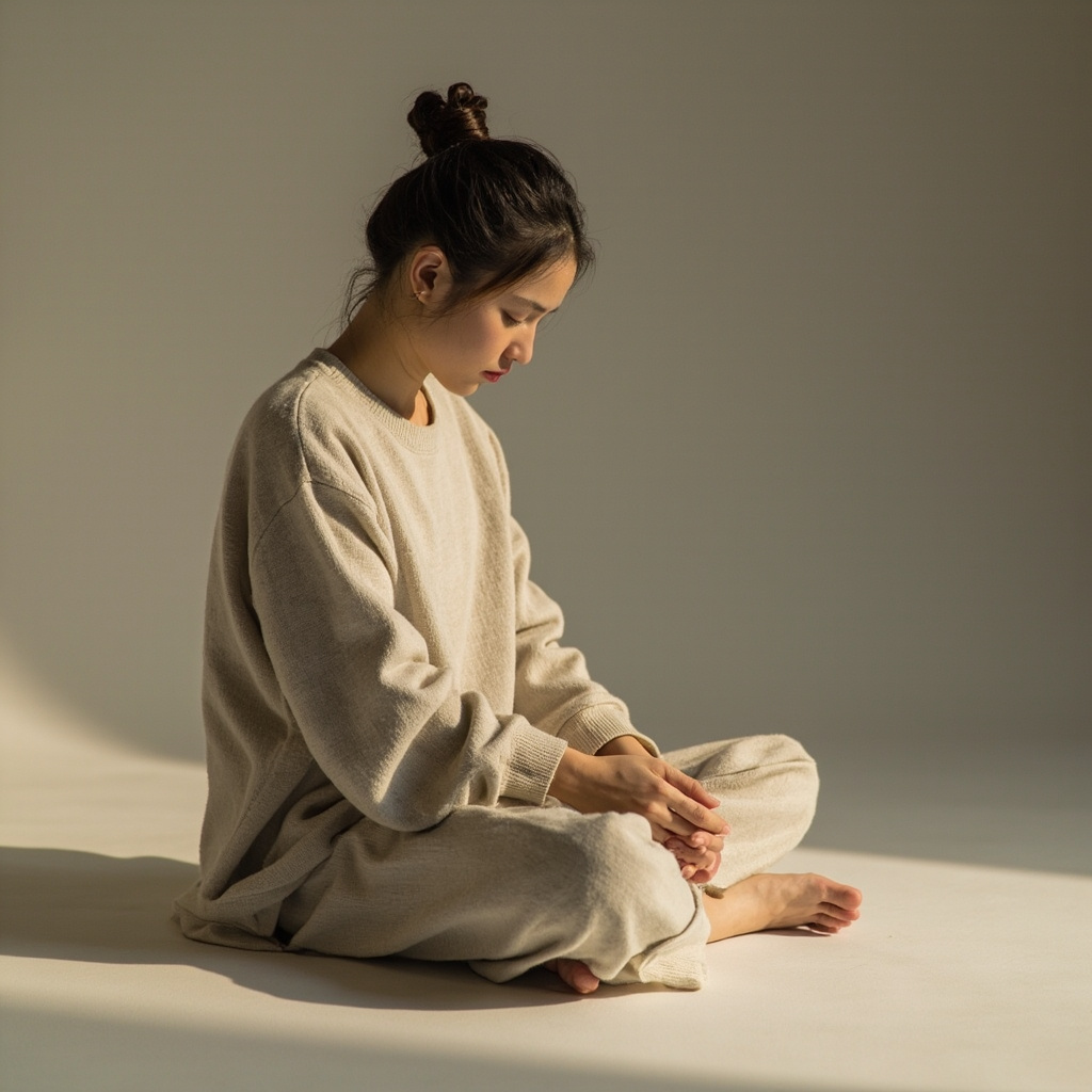A high-quality, calm, and professional photograph of a person focusing on their ankle while meditating, soft lighting, neutral background, symbolizing deep recovery and balance.