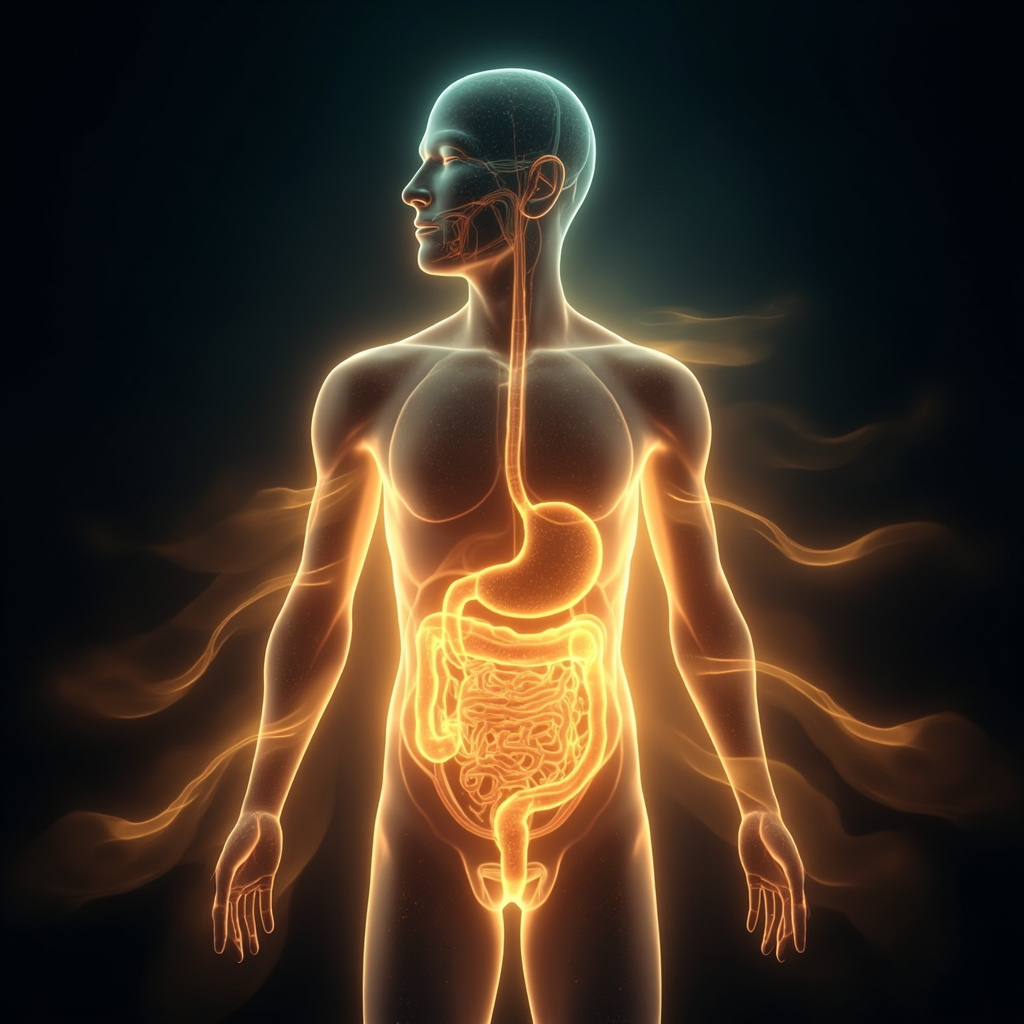 A high-quality, professional image showing a glowing, healthy human digestive system silhouette, surrounded by soft, harmonious light waves and patterns, symbolizing energetic balance and wellness.