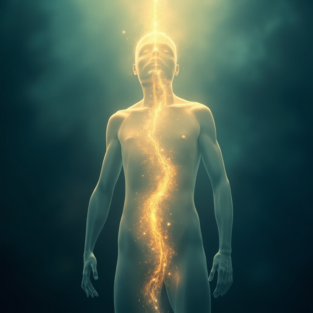 A serene, abstract representation of a glowing, golden energy pathway flowing upward through the human body, set against a soft, calming background of deep blue and teal tones.