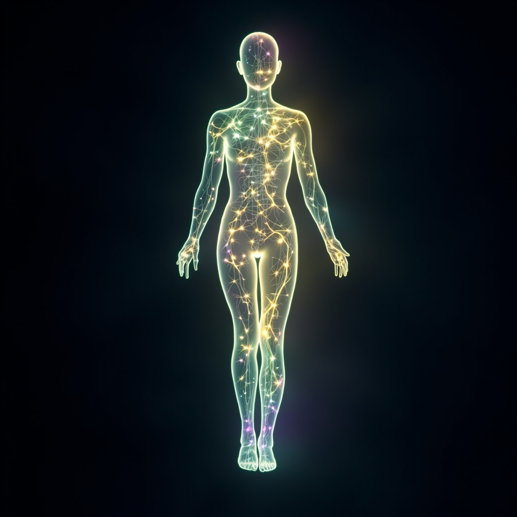A serene, abstract representation of flowing light nodes connecting different parts of a human silhouette, symbolizing hormonal balance and internal communication.