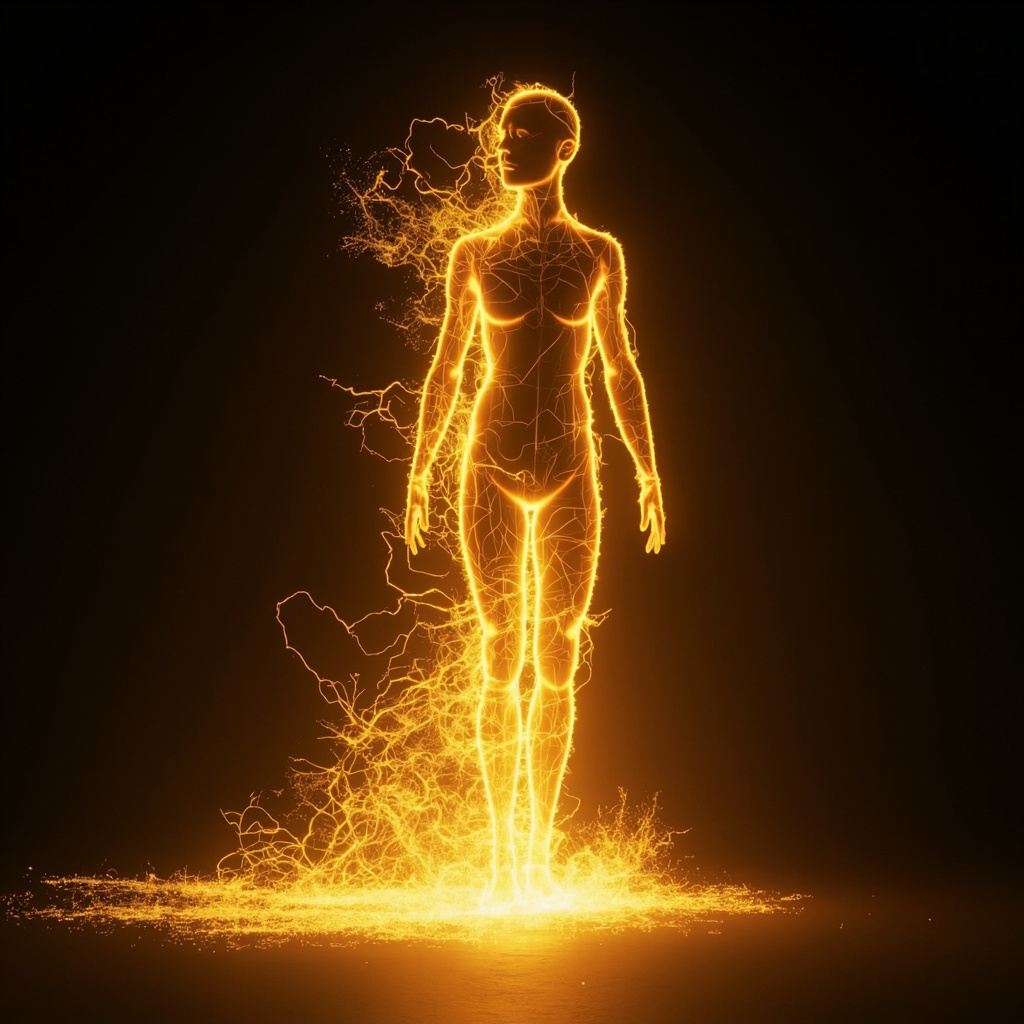 A serene, abstract digital representation of flowing electrical golden light forming a human silhouette in a state of relaxed, fluid movement.
