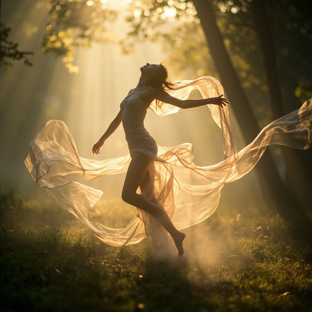 A serene, abstract representation of flowing light and human movement, emphasizing grace, fluidity, and balance in a soft, natural setting.