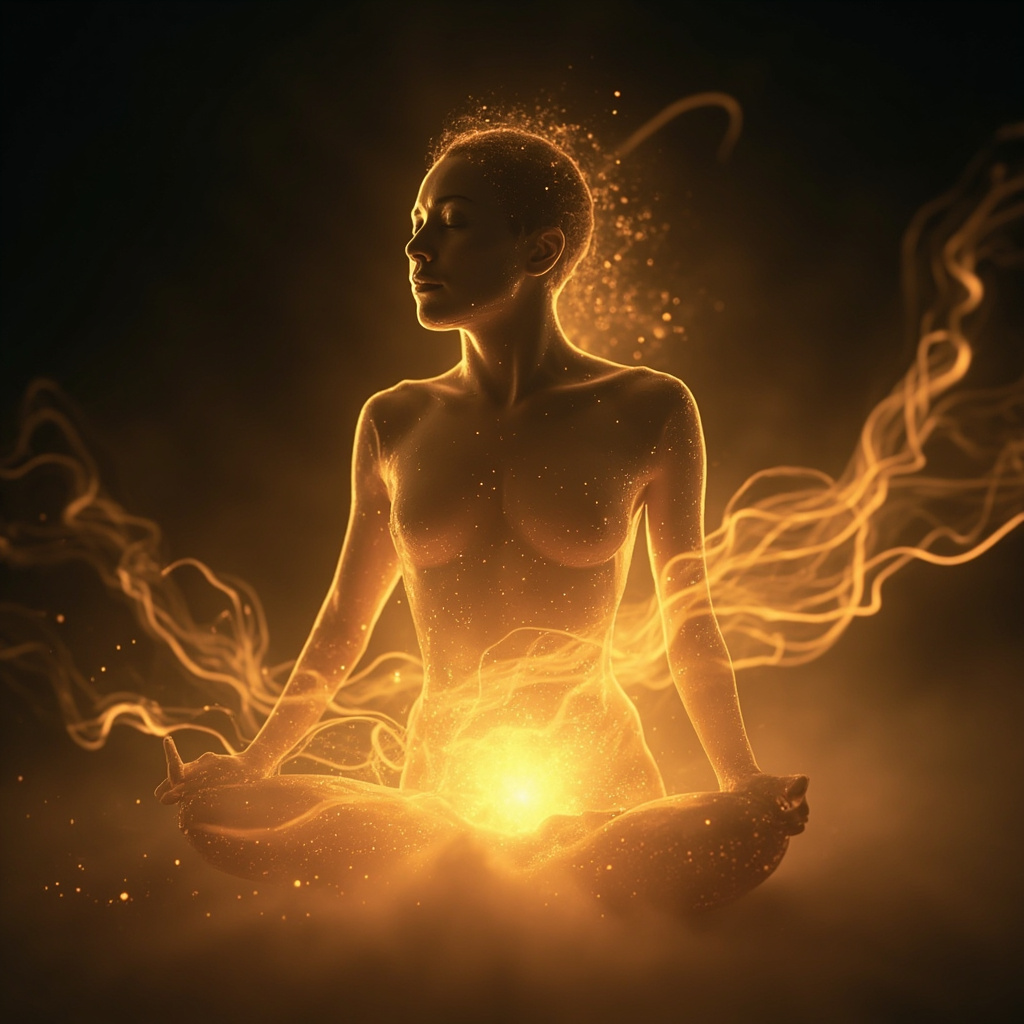 A serene, abstract representation of flowing light and soft golden energy moving through a human silhouette, emphasizing the pelvic and lower abdominal area, high quality, calming aesthetic.