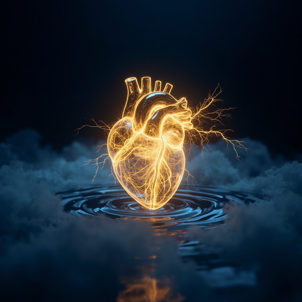 A high-quality, artistic representation of a glowing, golden electrical spark pulsating within a stylized human heart, surrounded by soft, rhythmic wave patterns in a serene, dark blue environment.