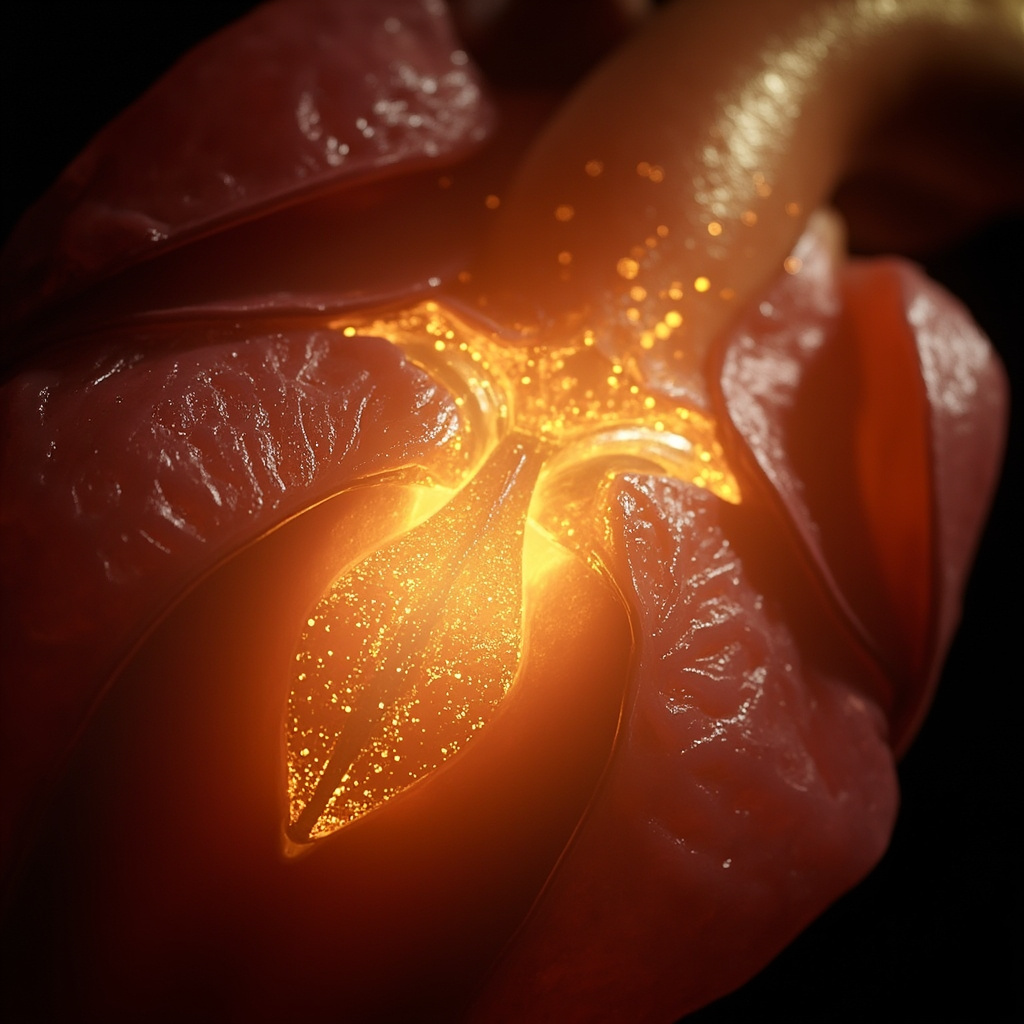 A high-quality, artistic representation of the human heart, focusing on the internal structure of the valves with soft, glowing light and golden frequencies flowing through the mitral valve to represent harmony and energy.