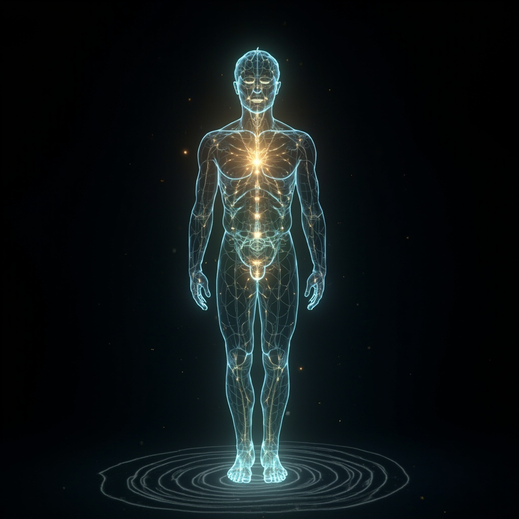 A serene, artistic representation of glowing human energy pathways and light frequencies, symbolizing balance and renewal.