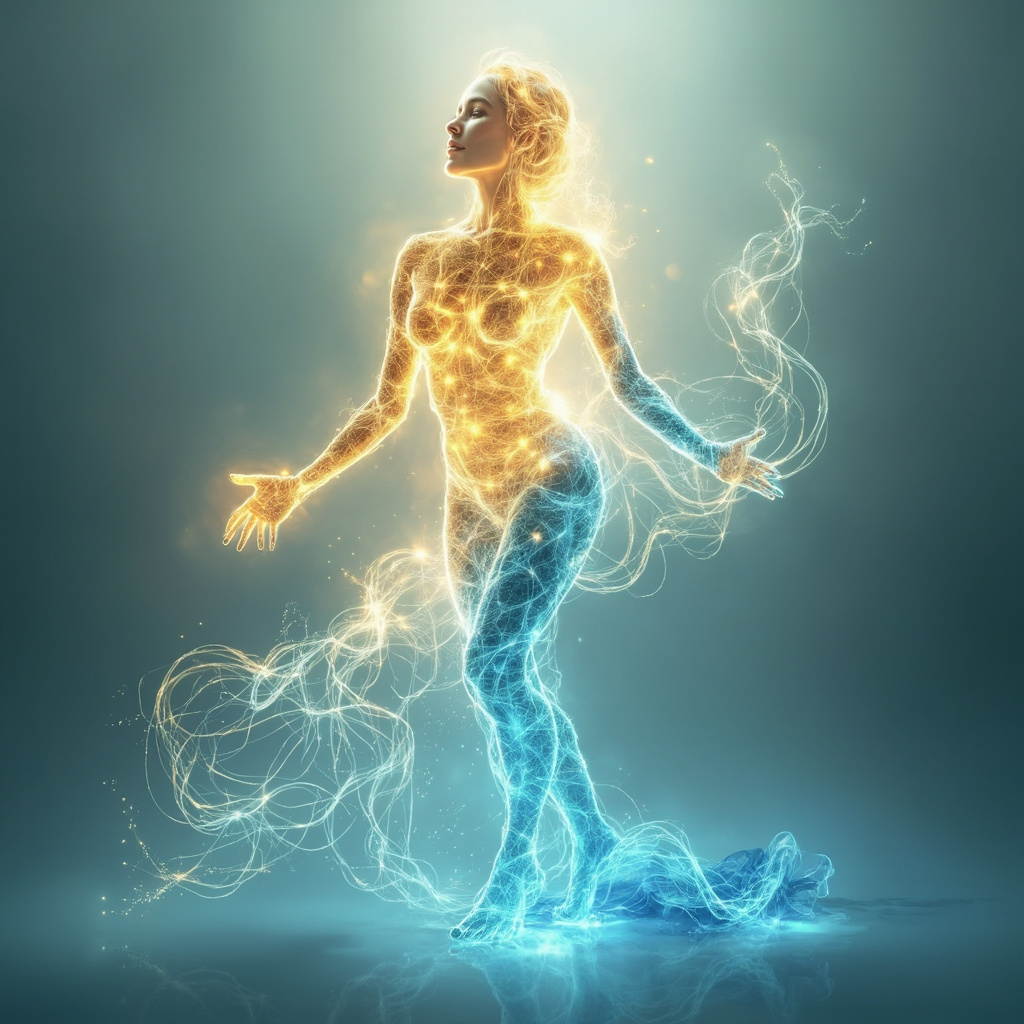 A serene, abstract digital representation of flowing golden and blue light waves forming a harmonious, balanced human silhouette against a soft, calming background.