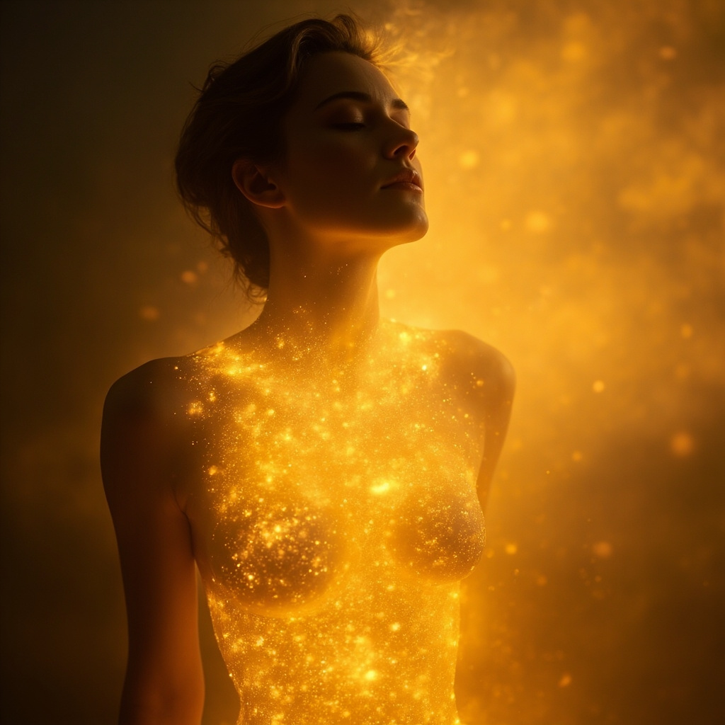 A serene, abstract representation of golden light flowing through a human silhouette, highlighting the neck and chest area, soft focus, professional and calming aesthetics.