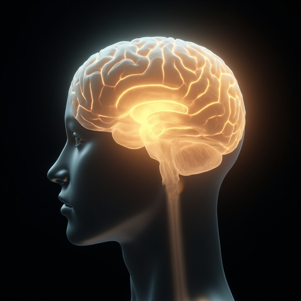 A serene, artistic representation of the human brain with a soft, glowing light illuminating the area at the base of the skull, symbolizing balance, coordination, and inner harmony.