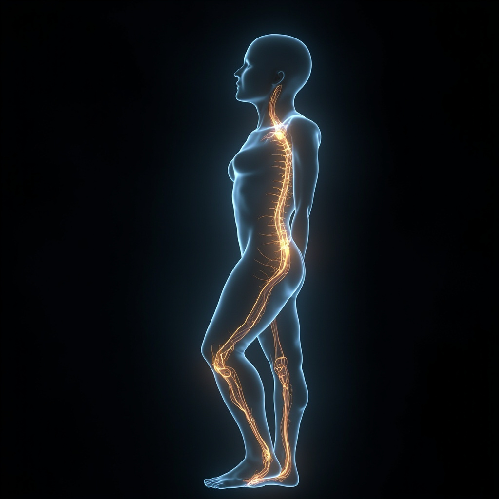 A serene, artistic representation of a human silhouette with glowing, harmonious energy lines flowing through the joints and muscles, illustrating the concept of pain relief and electrical balance.
