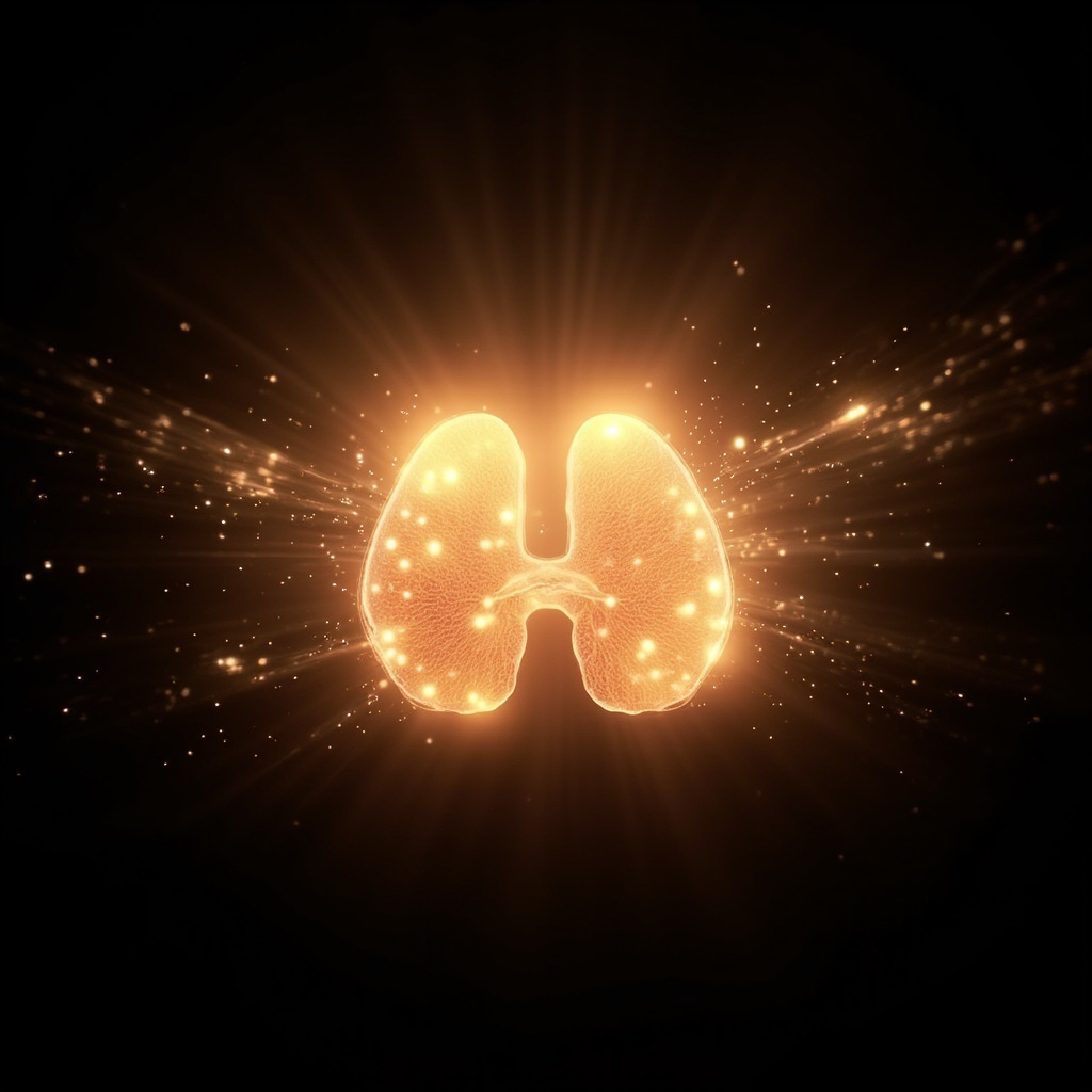A high-quality, calm, and scientific illustration showing a glowing, energetic representation of the adrenal glands, with soft light particles flowing through them, symbolizing harmony and balance.