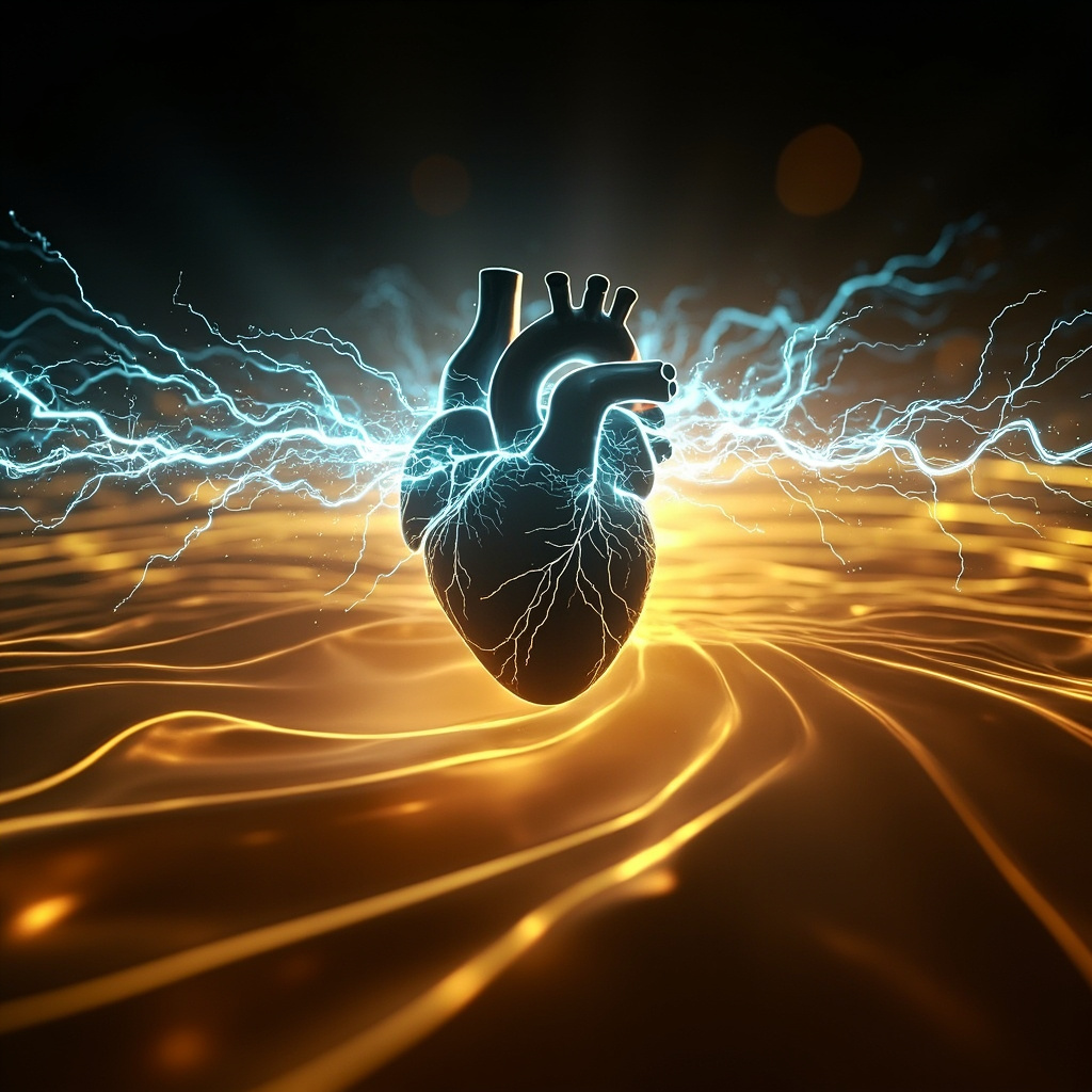 A high-quality, abstract digital representation of a glowing, rhythmic electrical pulse originating from the center of a human heart silhouette, surrounded by calm, harmonious golden light waves.