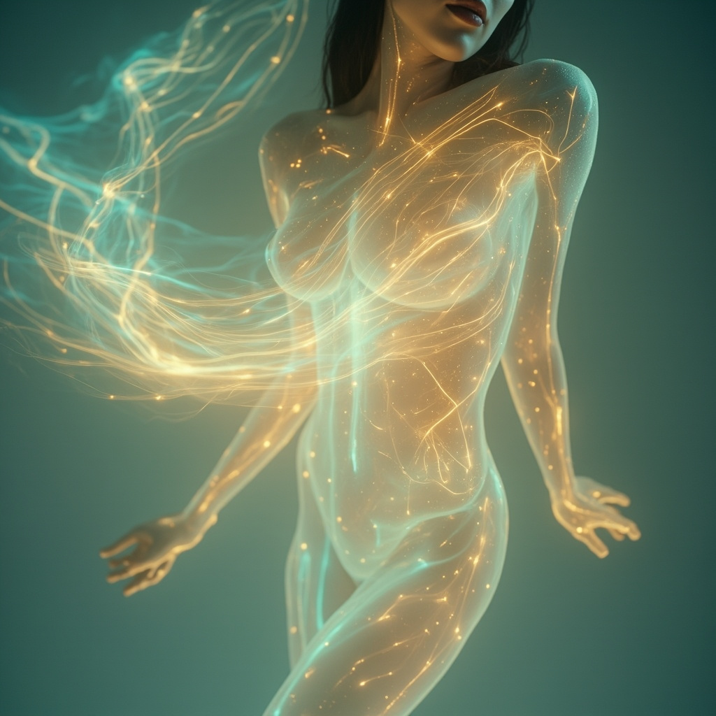 A high-quality, serene image showing an abstract representation of light and energy flowing through human limbs, creating a sense of movement, balance, and fluidity, professional and calming aesthetic.
