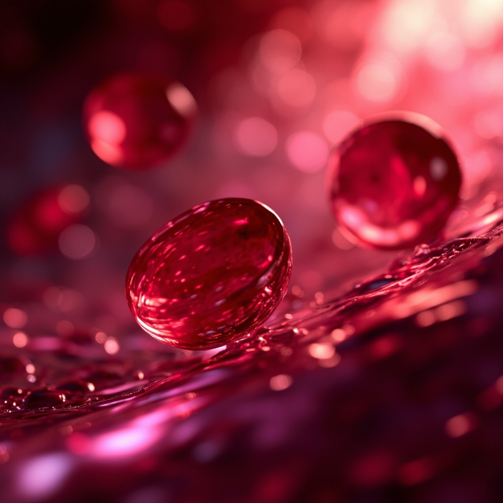A high-quality, professional image showing a stylized, artistic representation of glowing red blood cells flowing through a vibrant, healthy circulatory system, set against a soft, calm background.