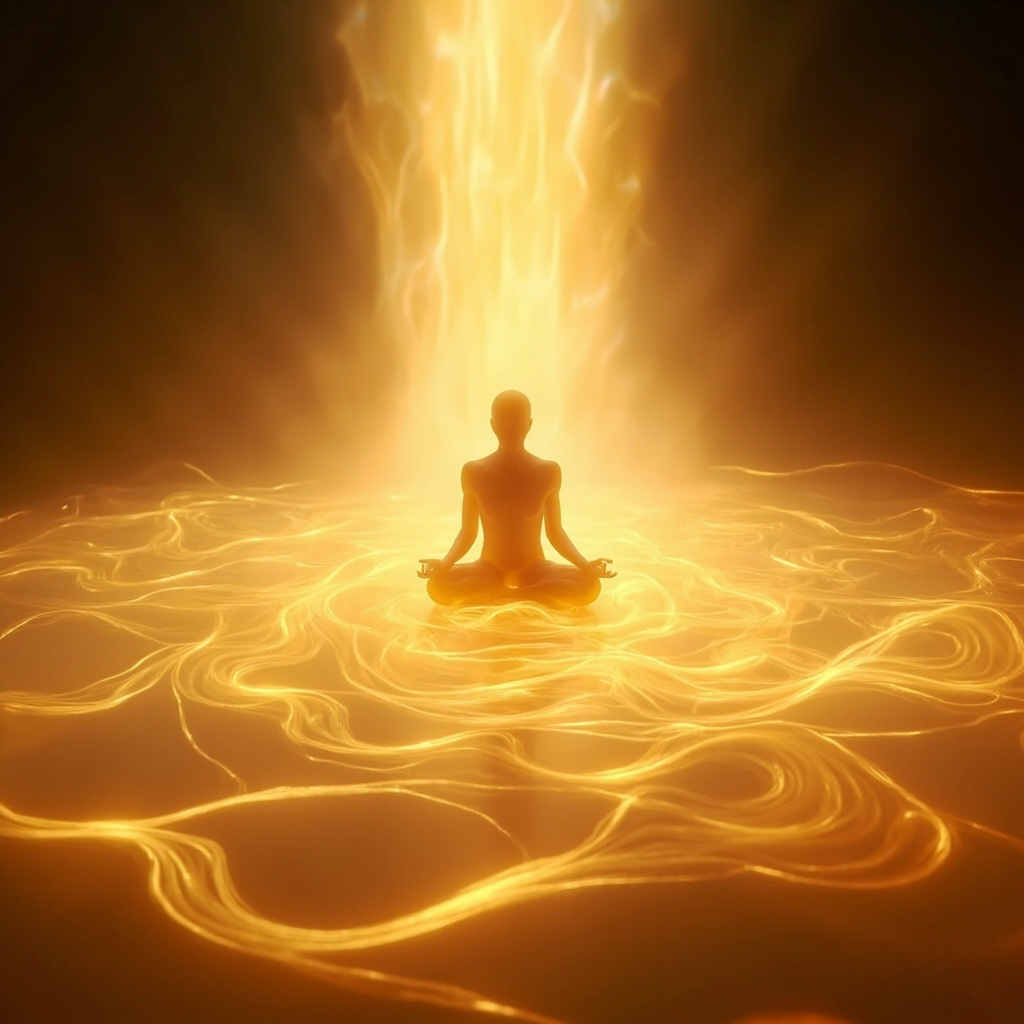 A serene, abstract visual representation of soft, flowing golden light waves harmonizing with a calm human silhouette, professional and soothing aesthetic.