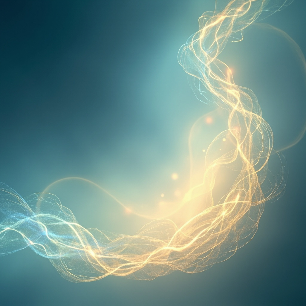A serene, abstract representation of flowing energy lines moving from the lower abdomen toward the face, with soft, calming blue and warm golden hues, professional and minimalist style.