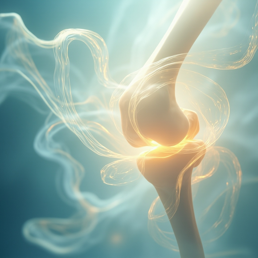 A serene, abstract artistic representation of light and fluid energy swirling around a human knee joint, soft colors, calming atmosphere, high quality, professional photography style.