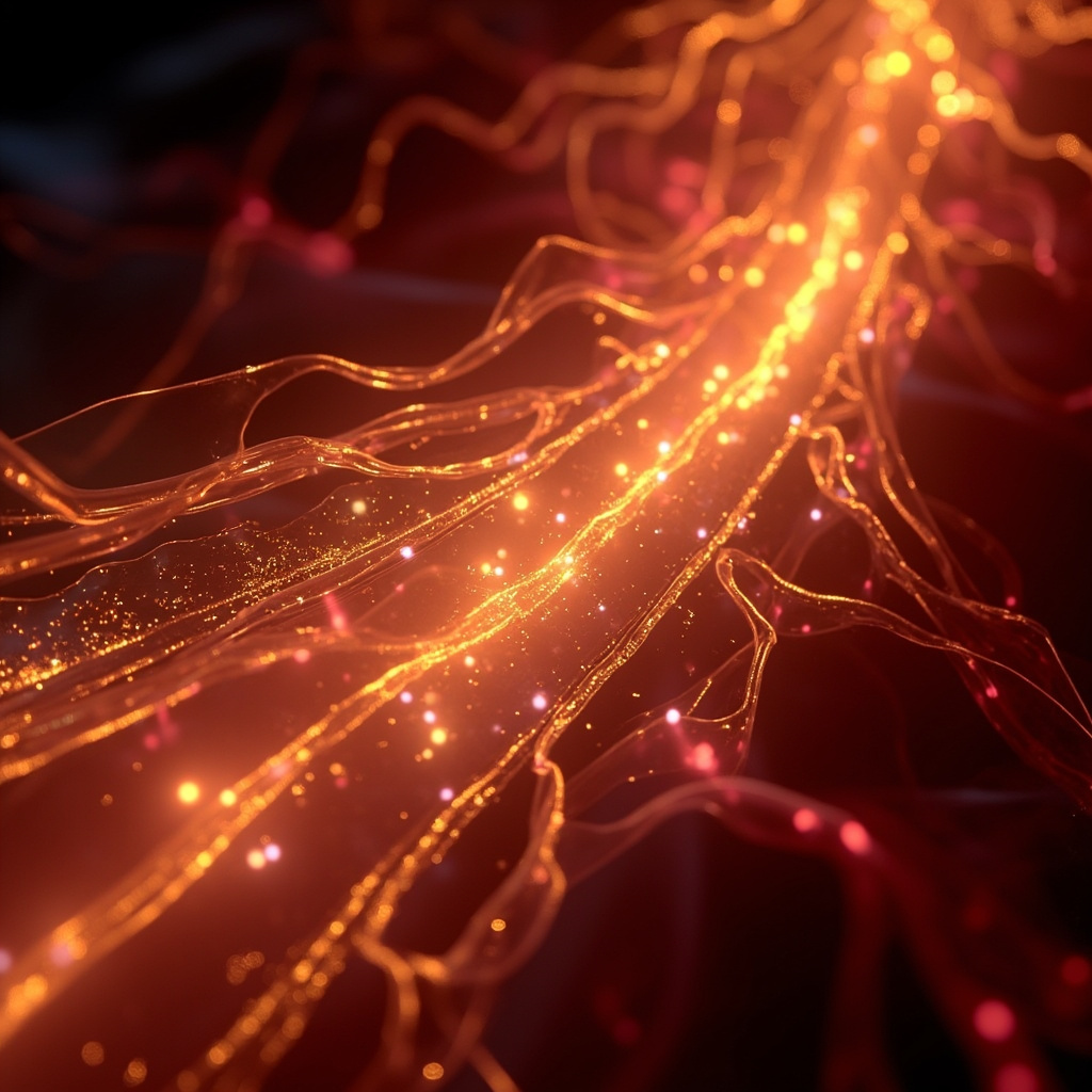 A serene, abstract digital representation of flowing energy currents in human blood vessels, soft glowing gold and red light particles, professional, calming, high resolution.