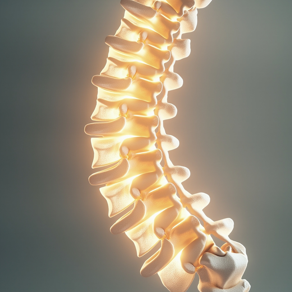 A high-quality, professional image showing a cross-section or artistic representation of the human lumbar spine glowing with soft, supportive light, set against a calm, neutral background to represent stability and balance.