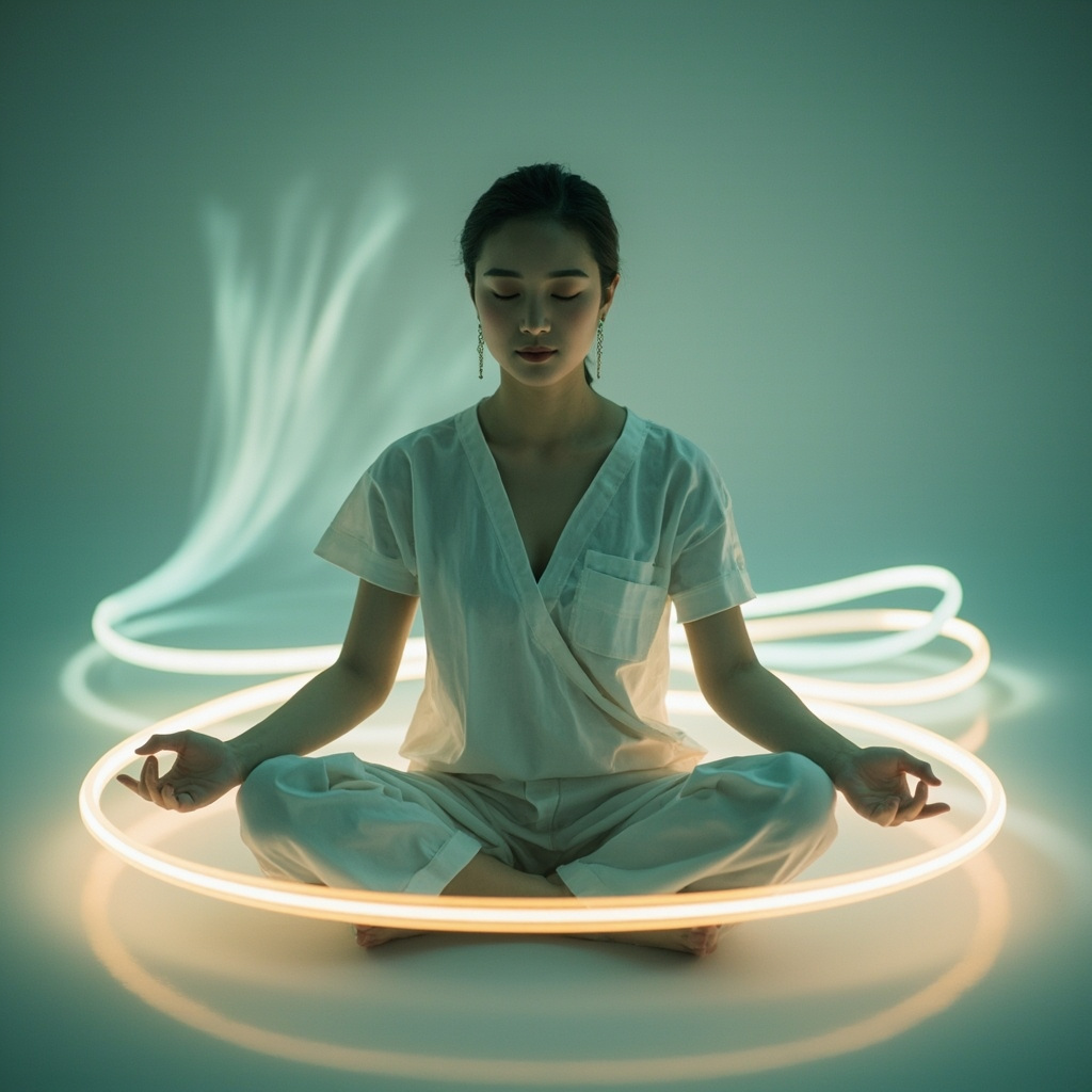 A high-quality, calm, and professional image of a person sitting in a meditative posture, with a soft, glowing, abstract representation of a steady, rhythmic heartbeat light-trail surrounding them, symbolizing inner harmony and balance.