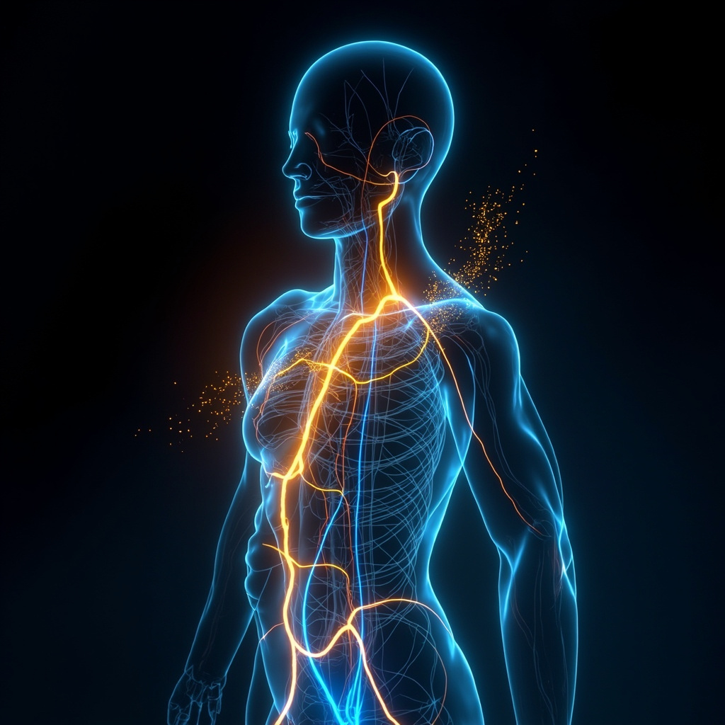 A high-quality, artistic representation of the human circulatory system, focusing on the right side of the body with soft, flowing blue and gold light, representing vitality, movement, and clear pathways.