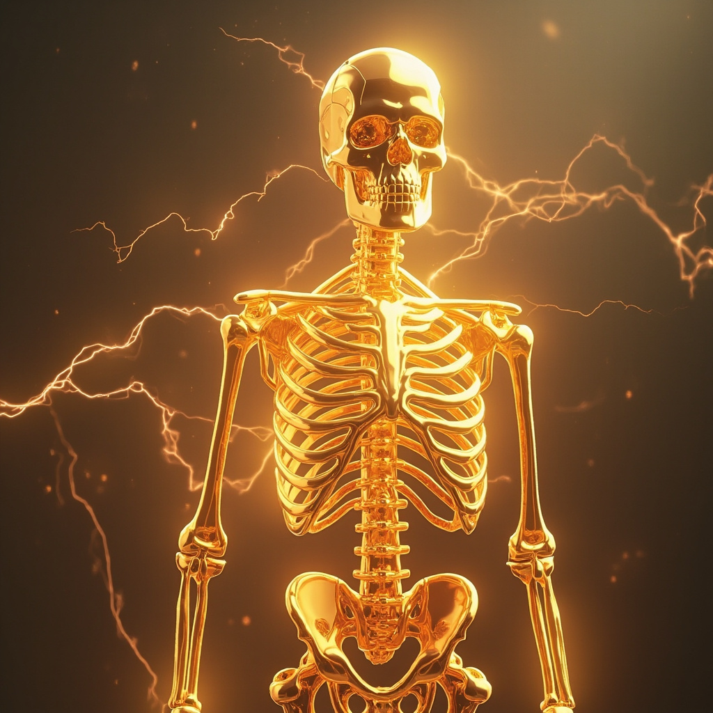 A high-quality, abstract digital art representation of a glowing, golden geometric structure representing a human skeleton, surrounded by soft, flowing electrical light waves in a serene, professional wellness environment.