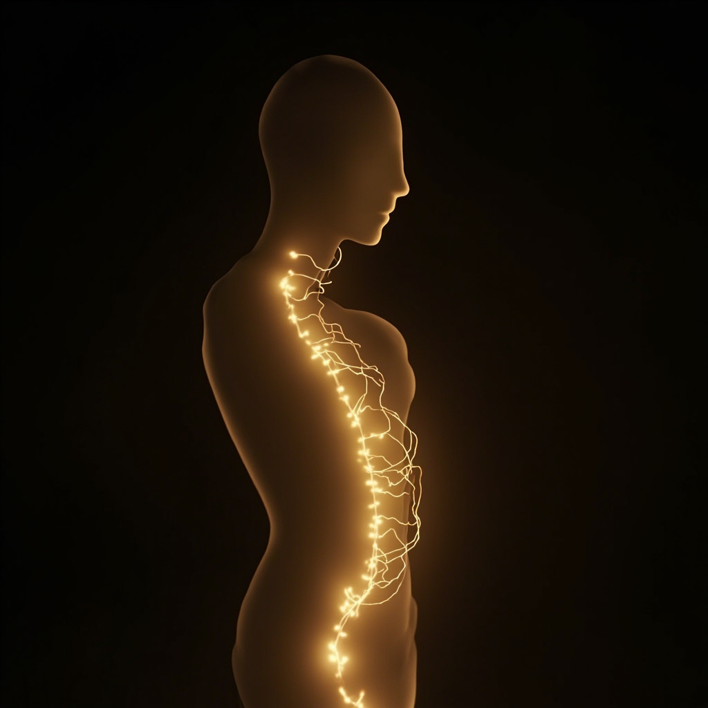 A high-quality, calm, abstract representation of a human silhouette with soft, flowing golden lines of light tracing the spine, representing electrical harmony and comfort.