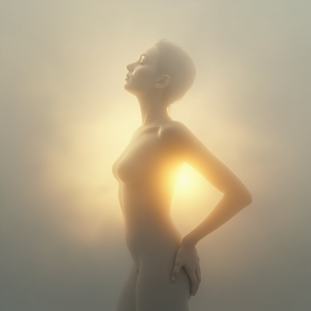 A serene, abstract digital representation of a human silhouette with a glowing, harmonious light focused on the right side of the torso, set against a calm, neutral background.