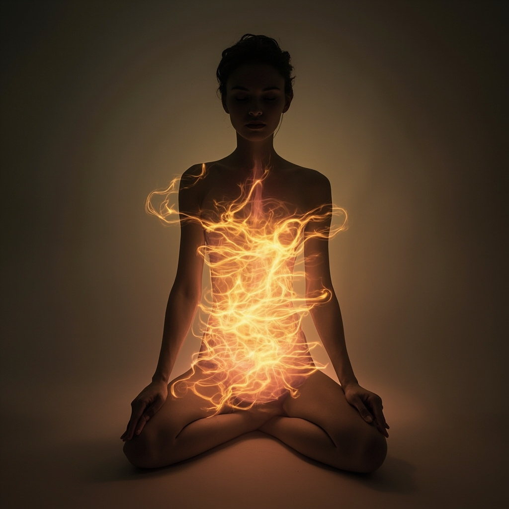 A soft, artistic representation of a balanced, glowing internal energy flow, featuring warm, golden and pink light waves moving through a calm, silhouetted human form, symbolizing hormonal harmony and inner peace.