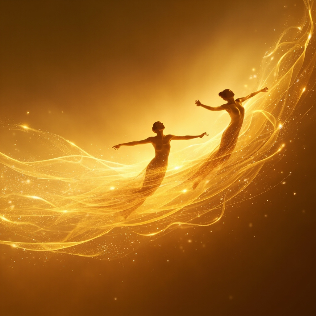 A serene, abstract artistic representation of fluid motion, featuring soft golden light waves flowing through geometric human silhouettes, symbolizing ease, harmony, and physical grace.