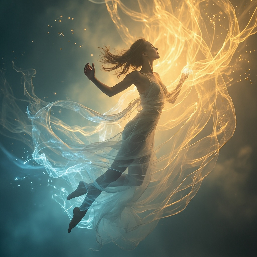 A serene, abstract representation of flowing light and soft, fluid human movement, suggesting harmony and ease.