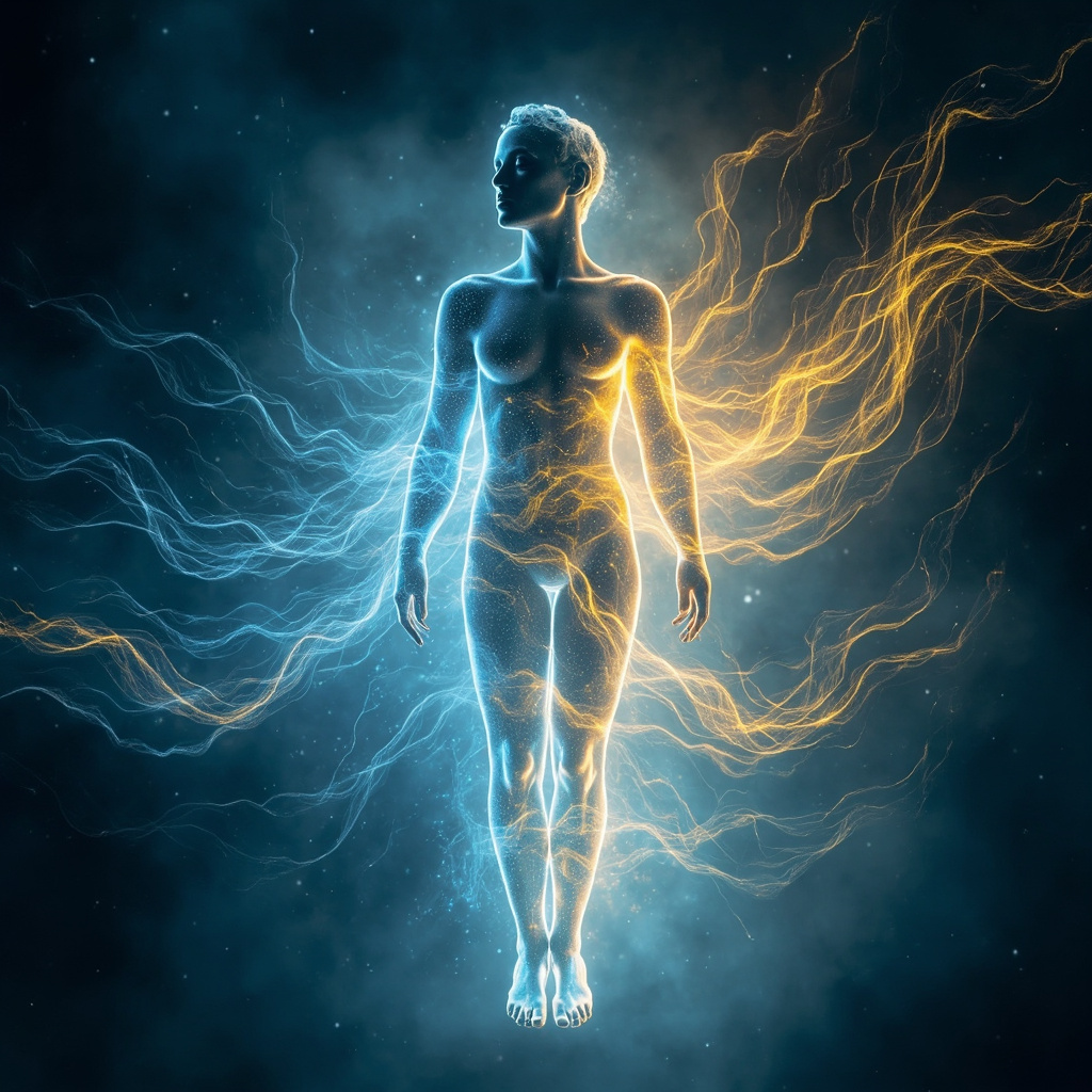 A serene, abstract representation of light and energy flowing through the human body, symbolizing balance and harmony in soft, calming blue and golden tones.