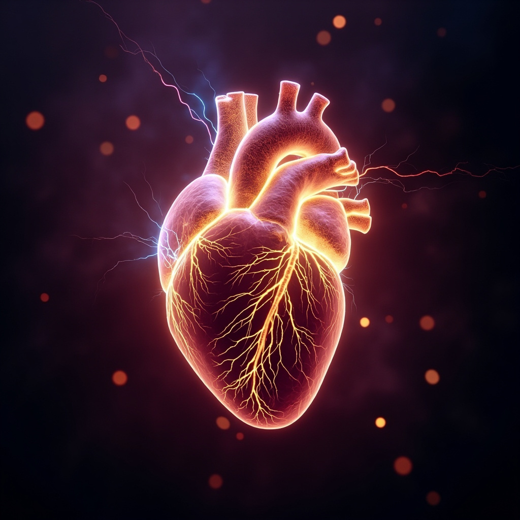 A high-quality, artistic representation of a glowing, rhythmic electrical pulse at the center of a human heart, symbolizing harmony, connection, and balance.