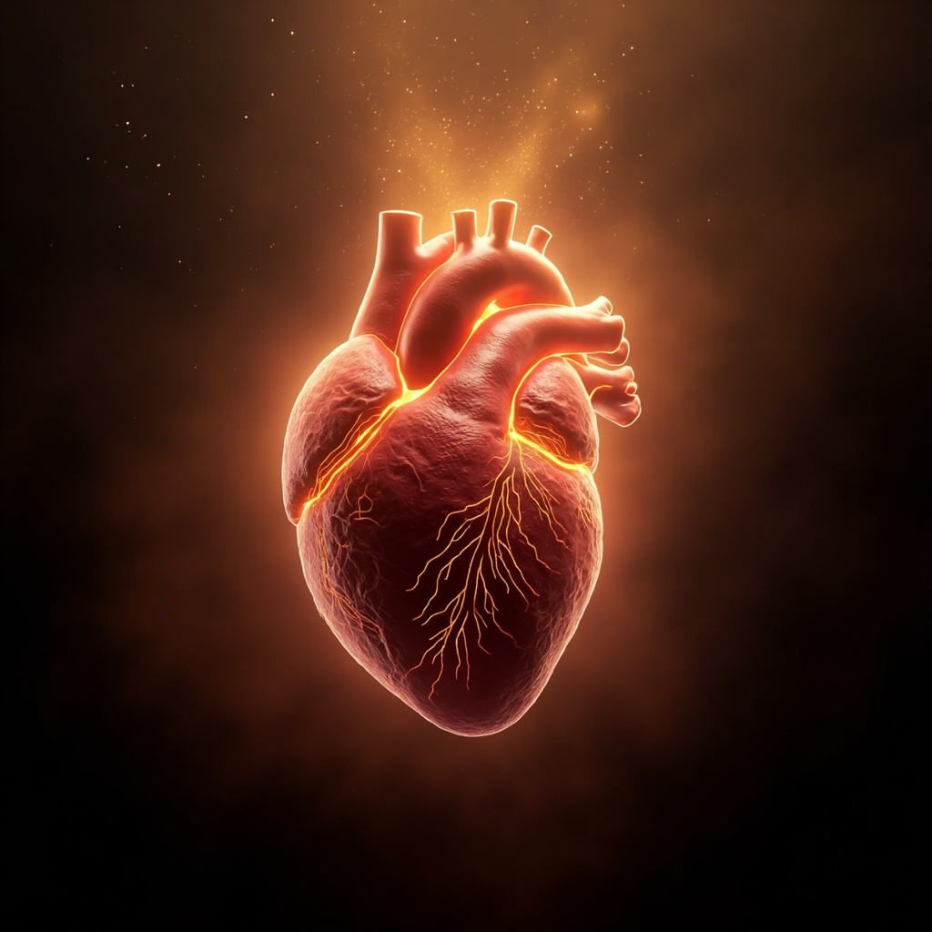 A high-quality, artistic representation of a glowing, healthy human heart with soft golden light emanating from the left atrium, symbolizing energy flow and emotional balance.