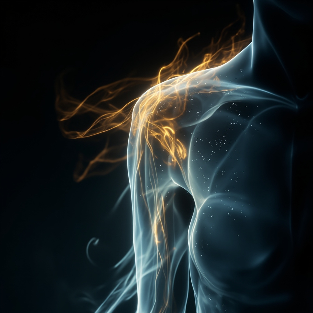 A calm, abstract representation of flowing light moving through the human shoulder and arm, symbolizing energy, fluidity, and relaxation.