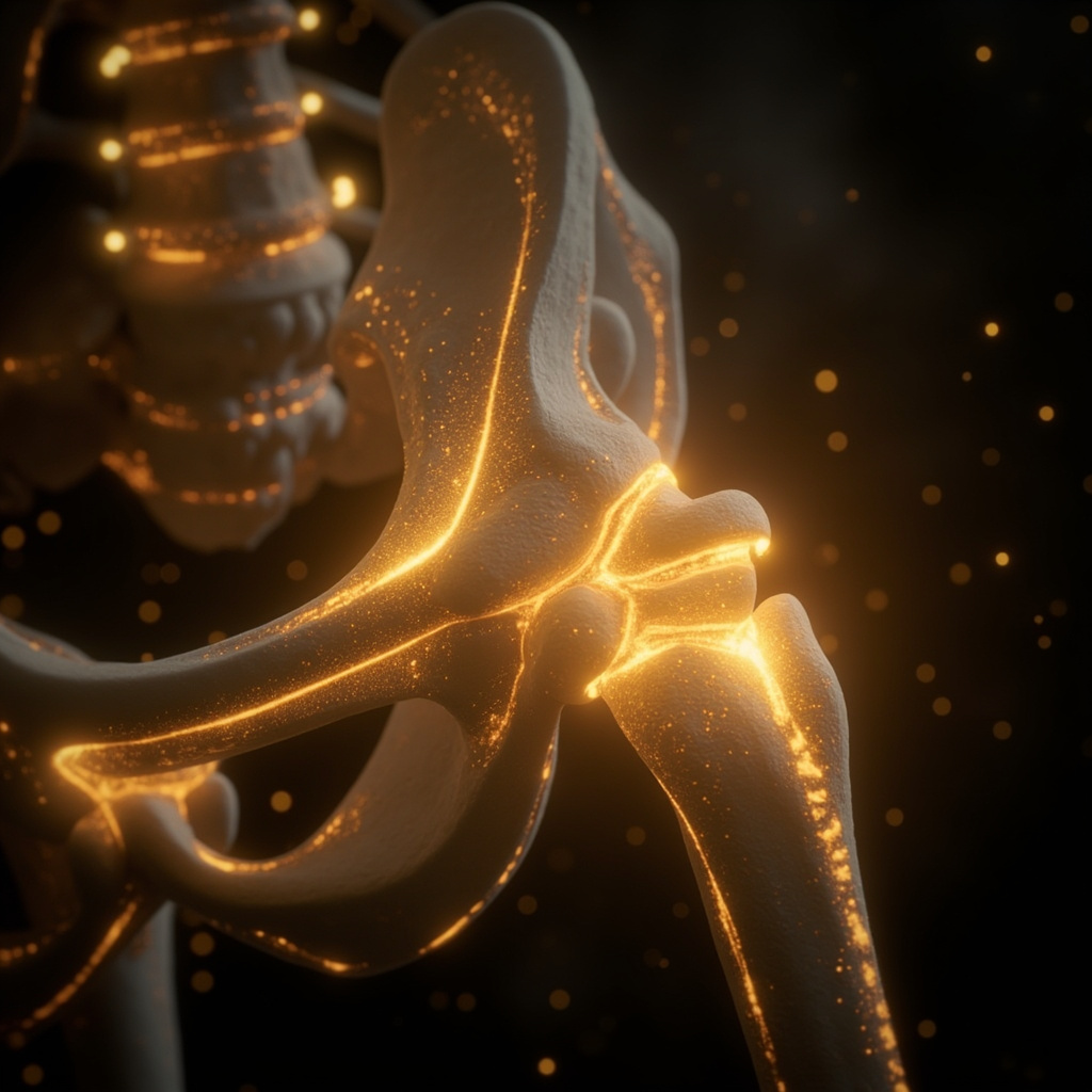 A serene, abstract representation of flowing golden light threads weaving through human joint structures, symbolizing electrical harmony and fluidity.