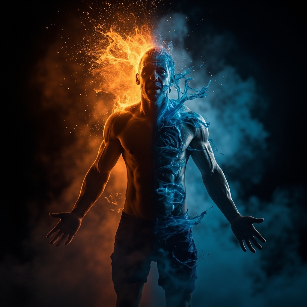 A serene, abstract representation of a human silhouette transitioning from a vibrant, energetic orange glow to a calm, deep blue fluid flow, symbolizing the shift from exercise to recovery.