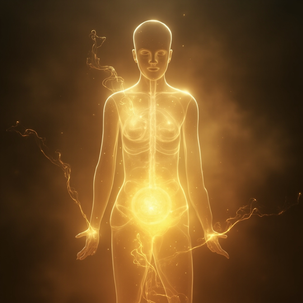 A serene, abstract digital art piece representing the adrenal glands as a glowing, balanced energy center located in the lower back, with soft light flowing through the body to signify harmony and recovery.