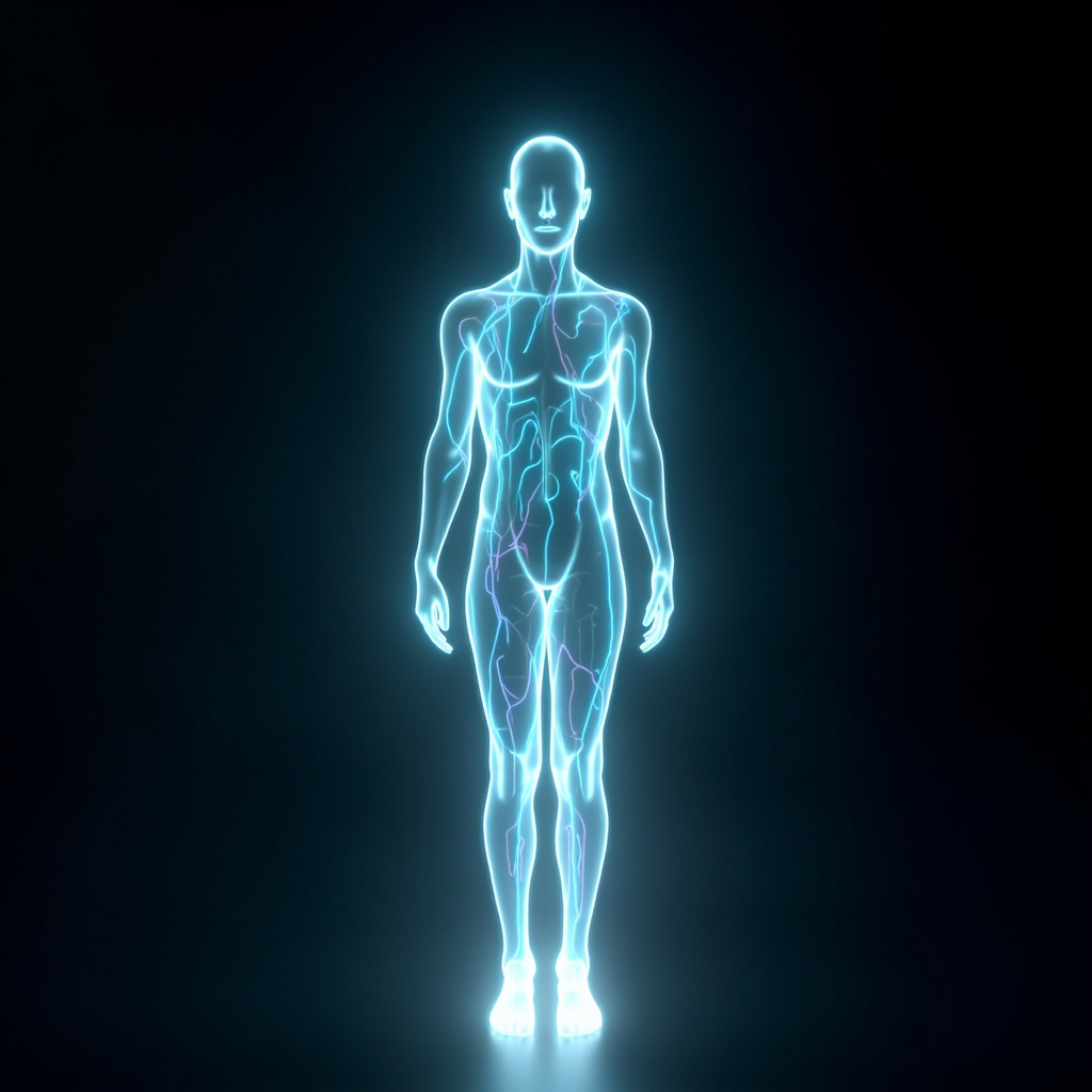 A conceptual image showing a glowing, balanced human silhouette with soft, harmonious light waves flowing through it, representing electrical coherence and mental clarity.