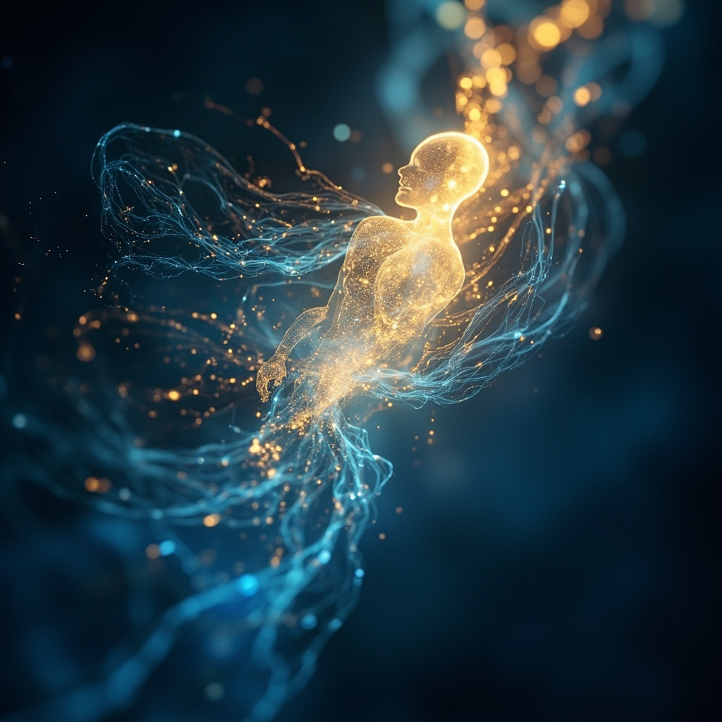 A serene, abstract visual representing the harmony between the brain and the body, featuring soft, flowing light patterns in calming blue and gold tones.