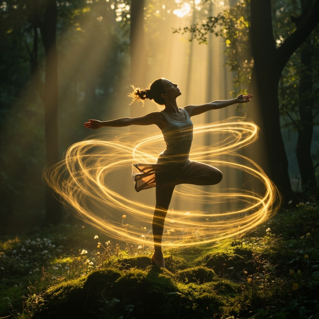 A high-quality, serene image of a person moving gracefully in nature, with subtle, glowing golden light trails representing internal flow and energy alignment.