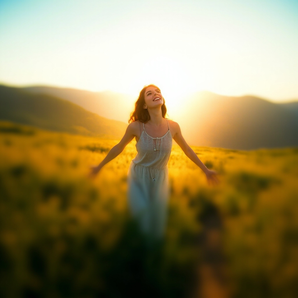 A high-quality, serene image of a person standing in a natural landscape with their arms slightly open, chest facing the sky, representing openness, breathing, and vitality.