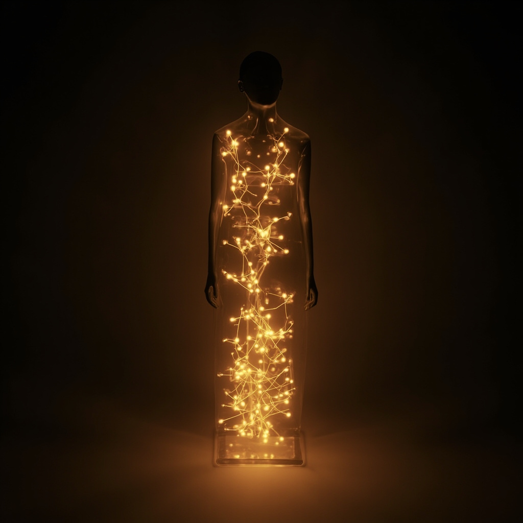 A high-quality, minimalist photograph of a glowing, abstract molecular structure representing trace elements inside a human silhouette, with soft warm light tones.